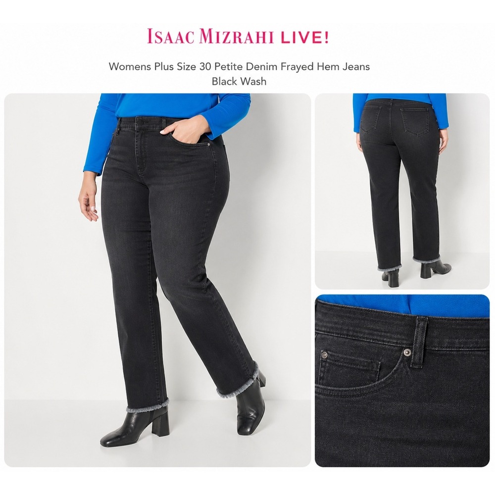 Isaac Mizrahi Live Womens Plus 30 Petite Denim Frayed Hem‎ Jeans Black A467134